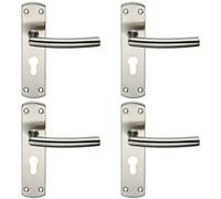4x Curved Bar Lever Door Handle on Euro Lock Backplate 172 x 44mm Satin Steel