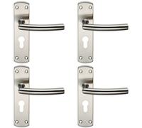 4x Curved Bar Lever Door Handle on Euro Lock Backplate 172 x 44mm Satin Steel