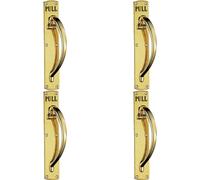 4x Curved Right Handed Door Pull Handle Engraved with 'Pull' Polished Brass