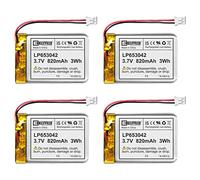 4X EEMB 3.7V 820mAh 653042 Lipo Rechargeable Lithium Polymer ion Battery Pack with JST Connector UN38.3 (UL Certified for Cell) Make Sure Device Polarity Matches with Batteries Before Purchase