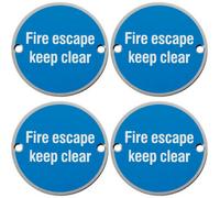 4X Fire Door Keep Clear Sign 64mm Fixing Centres 76mm Dia Satin Steel