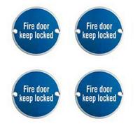 4X Fire Door Keep Locked Sign 64mm Fixing Centres 76mm Dia Polished Steel