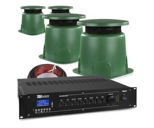 4x GS640 Outdoor Waterproof Garden Speaker System with PRM120 Bluetooth Mixer amplifier and 40m Speaker Cable, Delivering Full 360 Degree Sound Coverage for Home or Commercial Outdoor Installations