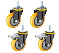 4X Heavy-Duty Swivel Caster Wheels 3in Yellow Polyurethane Trolley with Dual Locking Mute Bearing Threaded Stem M12x30mm Perfect for Furniture & Industrial Use