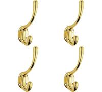 4x Heavyweight One Piece Hat & Coat Hook 76mm Projection Polished Brass Loops Metallics One Size