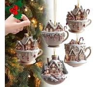 4X Hot Chocolate Ornaments For Christmas Tree, 2D Christmas Coffee Cup Ornaments, Tea Cup Snow House Acrylic Bag Pendant, Hot Chocolate Tea Cup Ornaments, Funny Acrylic Gingerbread Man Tree Decor