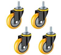 4X Industrial Swivel Wheels Yellow Polyurethane Furniture Casters Double Locking Safety Silent Bearings M12X30mm Threaded Stem Universal Fit - 3 Inch