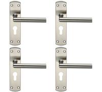 4x Mitred Lever Door Handle on Euro Lock Backplate 172 x 44mm Satin Steel