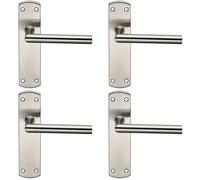 4x Mitred Lever Door Handle on Latch Backplate 172 x 44mm Satin Steel