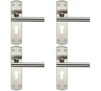 4x Mitred T Bar Lever Door Handle on Euro Lock Backplate 172 x 44mm Satin Steel