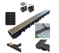 4x Novadrain High Flow Drain Channels 1m with Endcap Outlet Pack | Black High-flow drainage channels with plastic grating and endcap outlet for driveways and EV-rated areas