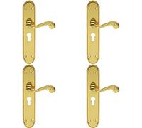 4x PAIR Beaded Pattern Handle on Euro Lock Backplate 249 x 50mm Polished Brass