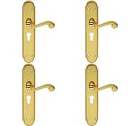 4x PAIR Beaded Pattern Handle on Euro Lock Backplate 249 x 50mm Polished Brass