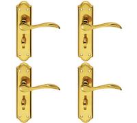 4x PAIR Curved Door Handle Lever on Bathroom Backplate 180 x 45mm Polished Brass