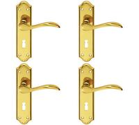 4x PAIR Curved Door Handle Lever on Lock Backplate 180 x 45mm Polished Brass