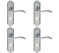 4x PAIR Curved Door Handle Lever on Lock Backplate 180 x 45mm Satin Chrome