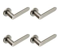 4x PAIR Flat Faced Straight Handle on Round Rose Concealed Fix Satin Steel