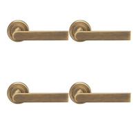 4x PAIR Flat Rectangular Bar Handle on Round Rose Concealed Fix Antique Brass