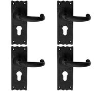 4x PAIR Forged Curved Handle on Euro Lock Backplate 155 x 54mm Black Antique
