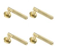 4x PAIR Knurled Grip Round Bar Handle on Round Rose Concealed Fix Satin Brass