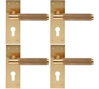 4x PAIR Knurled Round Handle on Slim Euro Lock Backplate 150 x 50mm Satin Brass