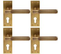 4x PAIR Knurled Round Lever on Slim Euro Lock Backplate 150 x 50mm Antique Brass