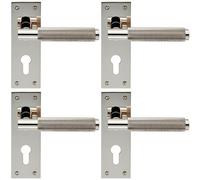 4x PAIR Knurled Round Lever on Slim Euro Lock Backplate 150 x 50mm Nickel