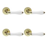 4x PAIR Porcelain Handle with Ringed Detailing 58mm Round Rose Polished Brass Loops Metallics One Size