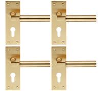 4X Pair Round Bar Handle On Slim Euro Lock Backplate 150 X 50mm Satin Brass
