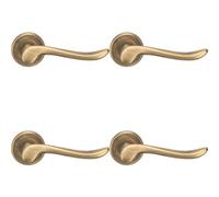4x PAIR Scroll Shaped Lever Handle on Round Rose Concealed Fix Antique Brass