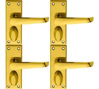 4x PAIR Straight Handle on Short Privacy Backplate 118 x 42mm Polished Brass