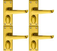 4x PAIR Straight Handle on Short Privacy Backplate 118 x 42mm Polished Brass