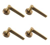 4X Pair Straight Rounded Handle On Round Rose Concealed Fix Antique Brass