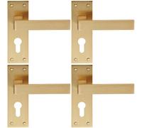 4x PAIR Straight Square Handle on Euro Lock Backplate 150 x 50mm Satin Brass