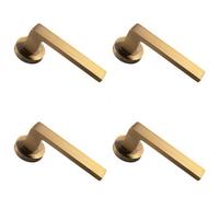 4X Pair Straight Square Handle On Round Rose Concealed Fix Antique Brass