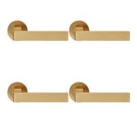 4x PAIR Straight Square Handle on Round Rose Concealed Fix Satin Brass
