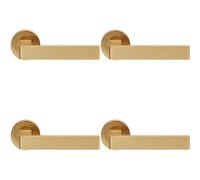 4x PAIR Straight Square Handle on Round Rose Concealed Fix Satin Brass