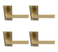 4x PAIR Straight Square Handle on Slim Lock Backplate 150 x 50mm Satin Brass