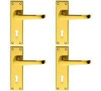 4x PAIR Straight Victorian Handle on Lock Backplate 150 x 42mm Polished Brass