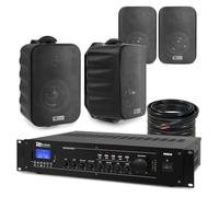 4x PD BC34V 4" 100V Outdoor Wall Speakers & PRM240 Mixer Amp - Black | Bluetooth, USB/SD, XLR with phantom power, VOX priority, 50m cable included