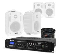 4x PD BC34V 4" 100V Outdoor Wall Speakers & PRM240 Mixer Amp - White | Bluetooth, USB/SD, mic inputs, phantom power, paging, 50m speaker cable included