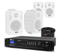 4x PD BC35V 5" 100V Outdoor Wall Speakers & PRM240 Mixer Amp - White | Bluetooth, USB/SD, mic/line inputs, VOX priority, emergency mute, 50m cable