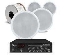 4x PD CSPB5 100V Line Ceiling Speaker Kit with Bluetooth PDM25 Amplifier | 5-inch flush-mount, spring clips, 50m cable included, USB & FM playback, cafes & offices