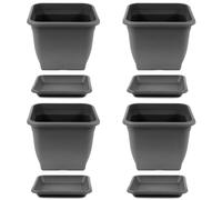 4x Planter 33 X 33 CM Plastic Incl. Saucer Angular Anthracite Flowerpot