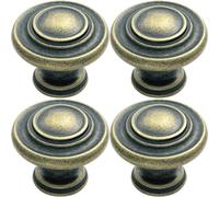 4x Round Ringed Pattern Door Knob 32mm Diameter Antique Brass Cabinet Handle