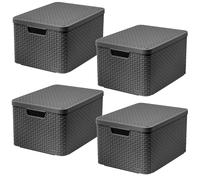 4x Storage Box Container Basket 4x 30L Lidded Handle Curver Rattan Style L Grey