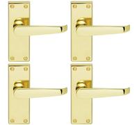 4x Straight Victorian Lever on Rectangular Latch Backplate Handle Polished Brass