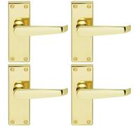 4x Straight Victorian Lever on Rectangular Latch Backplate Handle Polished Brass