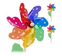4x windmills, decorative pinwheels with dots, colourful wind spinners, wood/PP, multicoloured