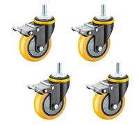 4X Yellow Polyurethane Industrial Swivel Wheels 5-Inch Heavy-Duty Furniture Casters with Double Safety Lock Silent Bearings M12x30mm Threaded Stem PE Brake